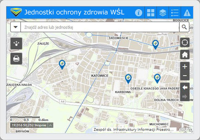 Mapa Jednostek Ochrony Zdrowia województwa śląskiego