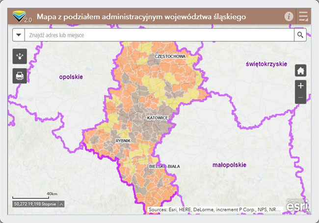 Mapa z podziałem administracyjnym województwa śląskiego