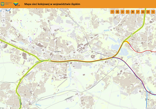 Mapa sieci kolejowej w województwie śląskim
